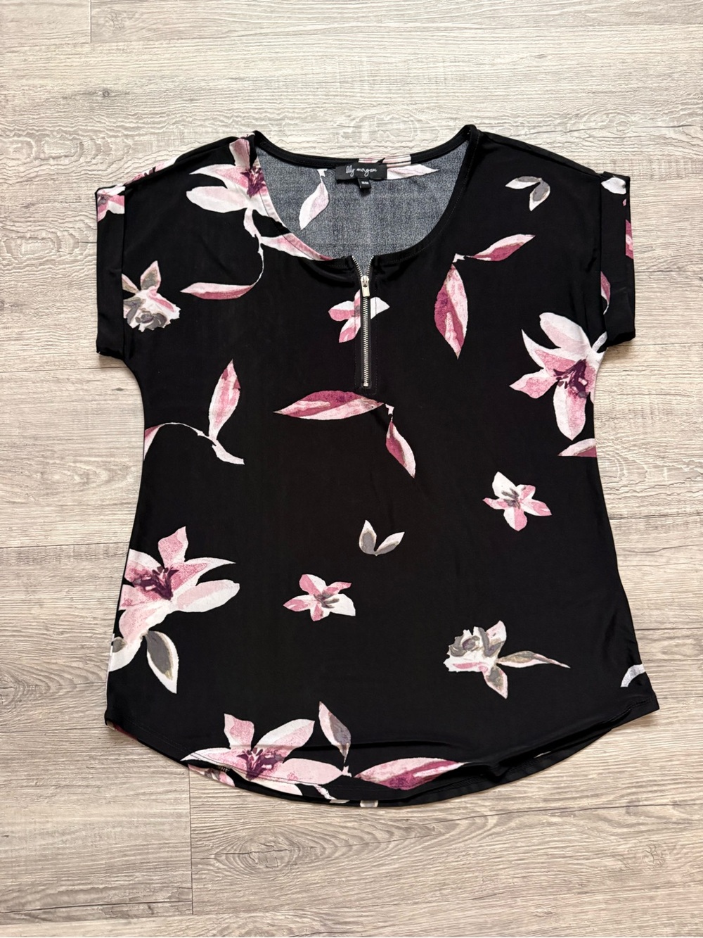 Floral Zip-Front Black Blouse with Pink Accents